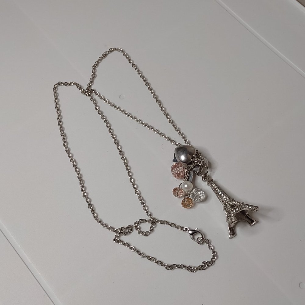 Long 32 Inch Necklace With Eiffel Tower, Plastic Beads, Heart, And Bow